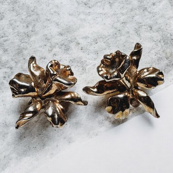 Vtg Jack In The Pulpit Screw Earrings Matching Brooch Set Gold Tone Iris Bundle - Picture 3 of 14